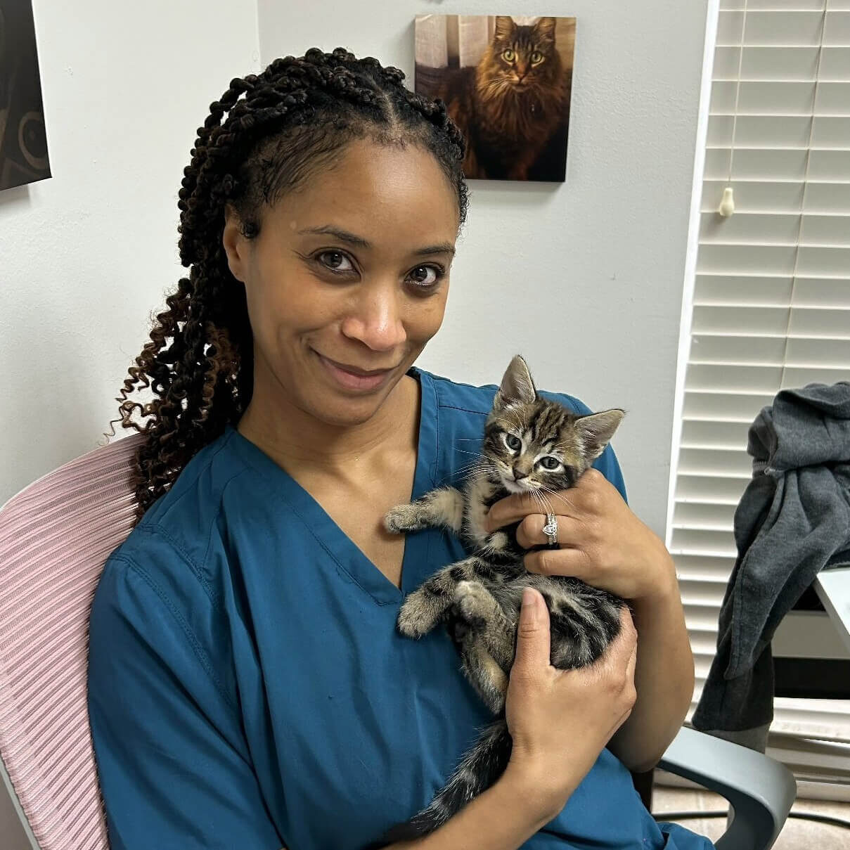 female veterinarian holding small striped kitten